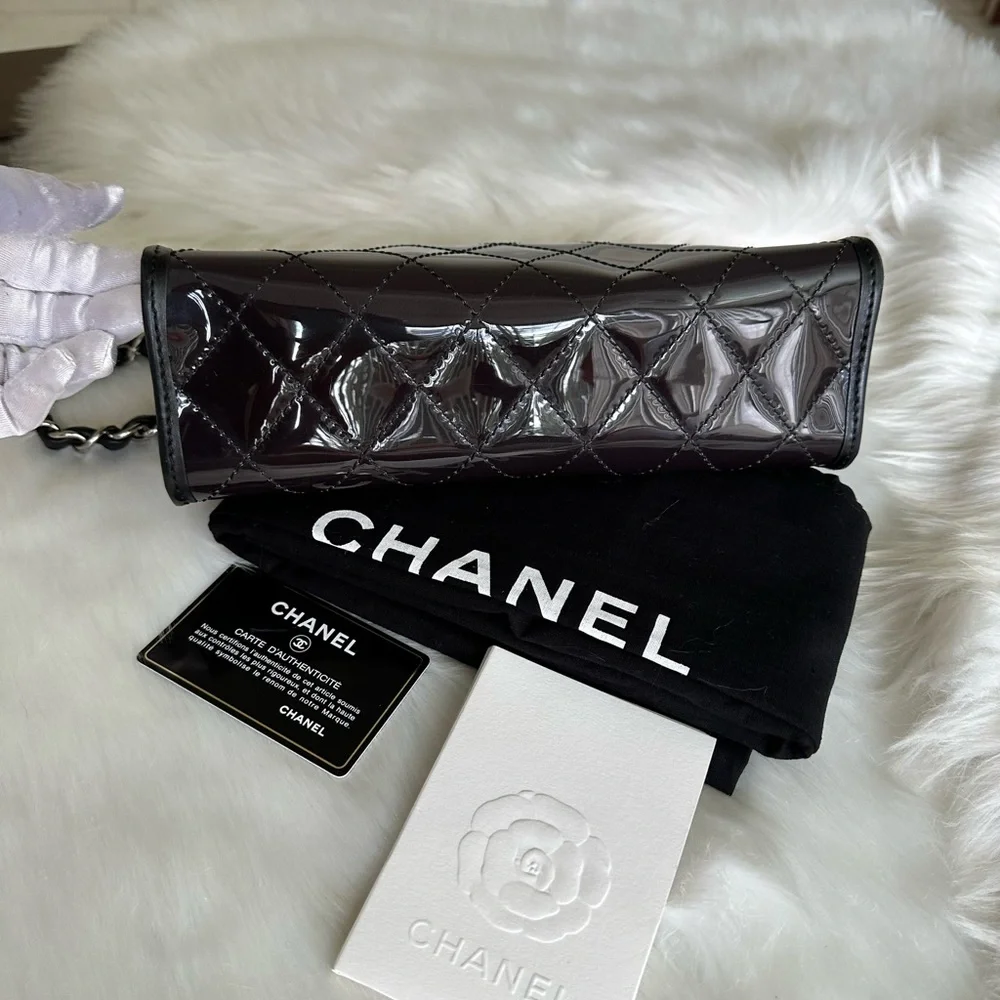 CHANEL Silver Quilted PVC Shoulder Bag with Black Trim